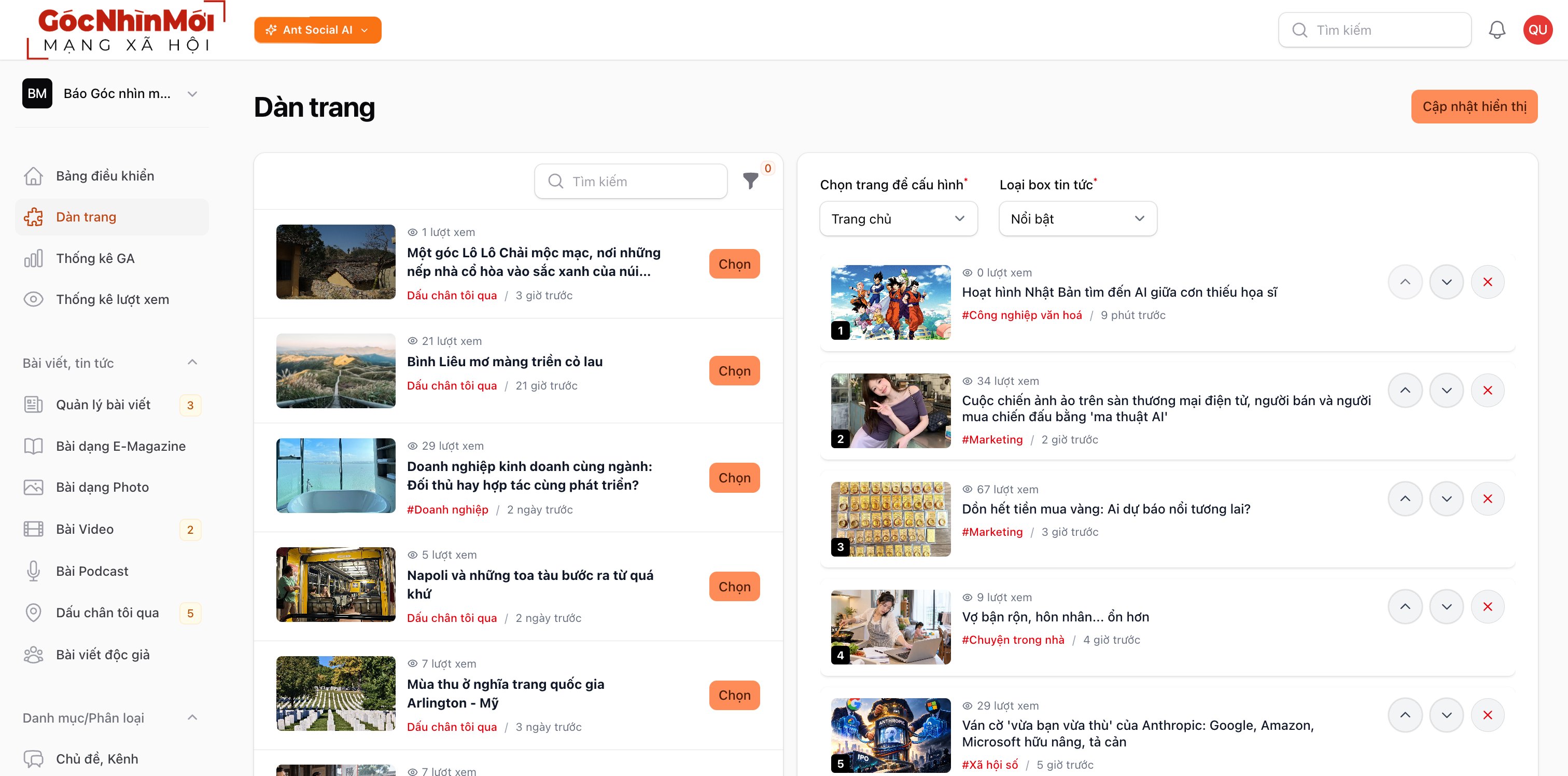 Màn dàn trang NetCMS: chọn bài cho box Nổi bật trang chủ